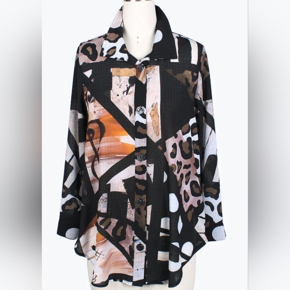 Damee Women's Size XL Artsy Leopard Print Long Button Up Blouse EUC